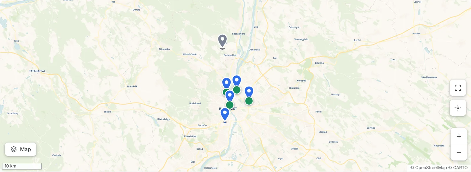 A Klip vezérlőpultjának térképe: munkaterületek és a telefonok utolsó ismert pozíciója Budapesten